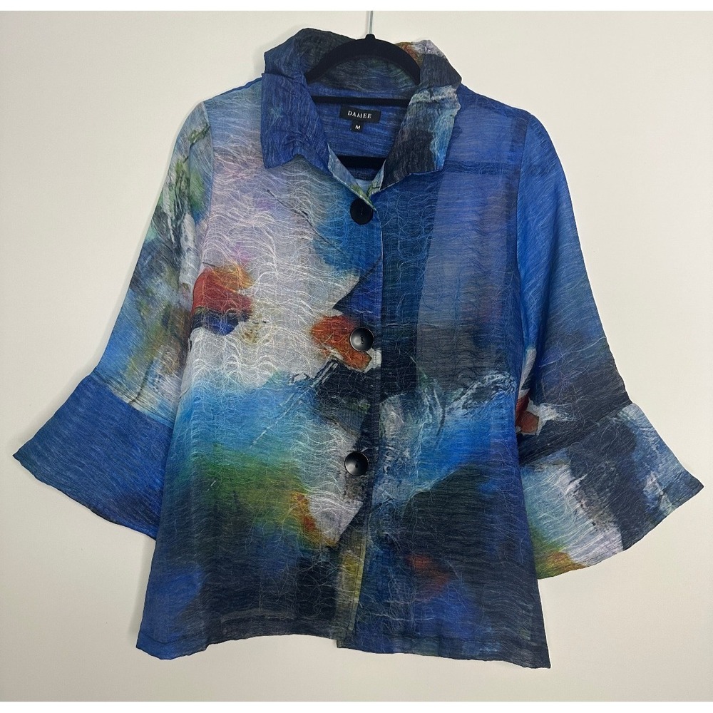 Damee Abstract Art to Wear Sheer Textured Button Up Jacket Topper Blue Medium - Picture 12 of 12